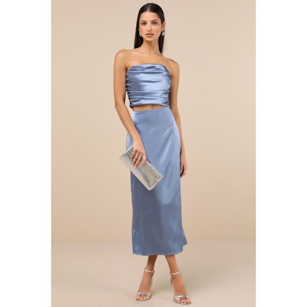 Lulus Demure Sweetie Slate Blue Satin Strapless Two-piece Midi Dress - Size S